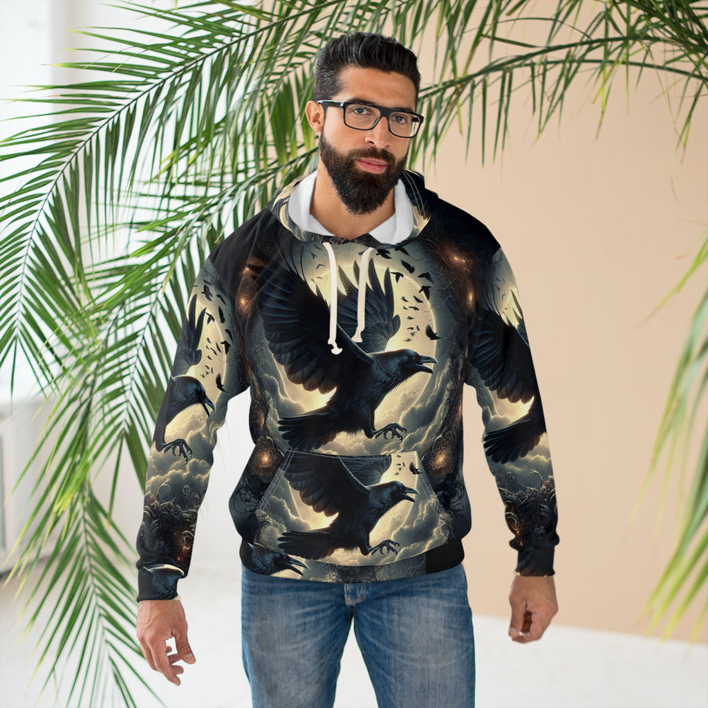 Mystical Raven Pullover Hoodie - Graphic Sweatshirt for Men and Women, Cozy Wear for Halloween, Goth Style, Gift for Bird Lovers