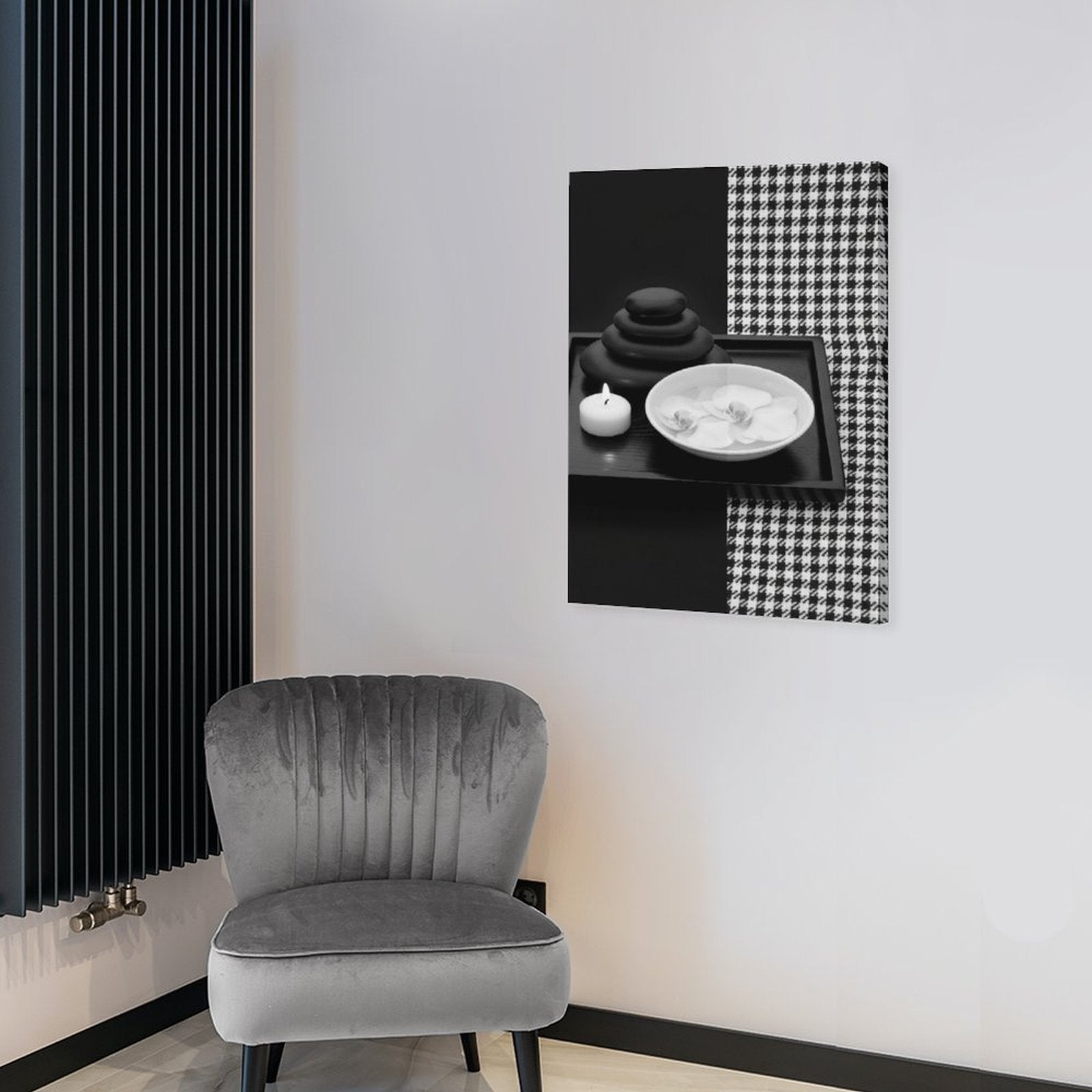 Rich and Rich Black and White Feng Shui Houndstooth Pattern Vertical Canvas Print 20x16 inches