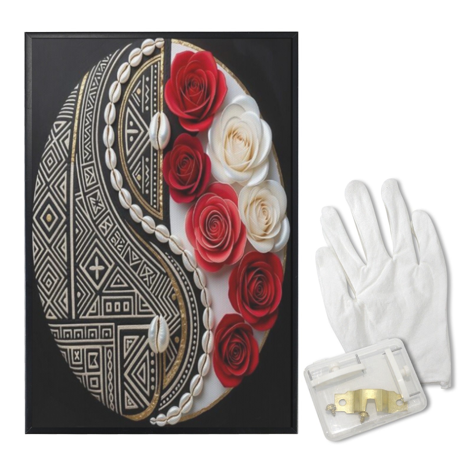Black-framed canvas print with Crimson & Ivory Harmony tribal design and floral accents, 24 by 36 inches