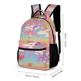 Pink girls backpack set with unicorn ballerina print, matching lunch bag and pen case — rear view