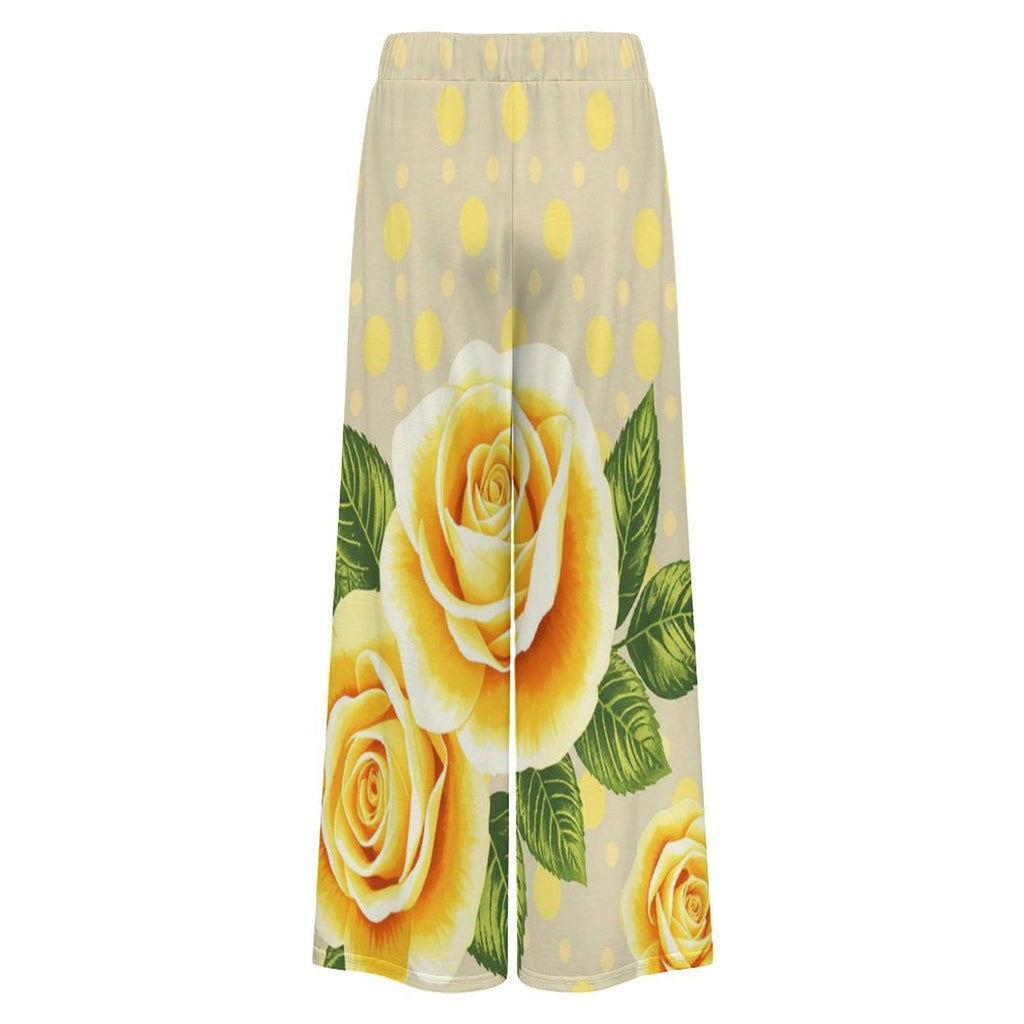 Yellow rose and polka dot wide-leg women's pants with adjustable waist and pockets
