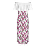 Women's off-shoulder fuchsia floral dress with ruffled boat neckline and lightweight fabric — rear view