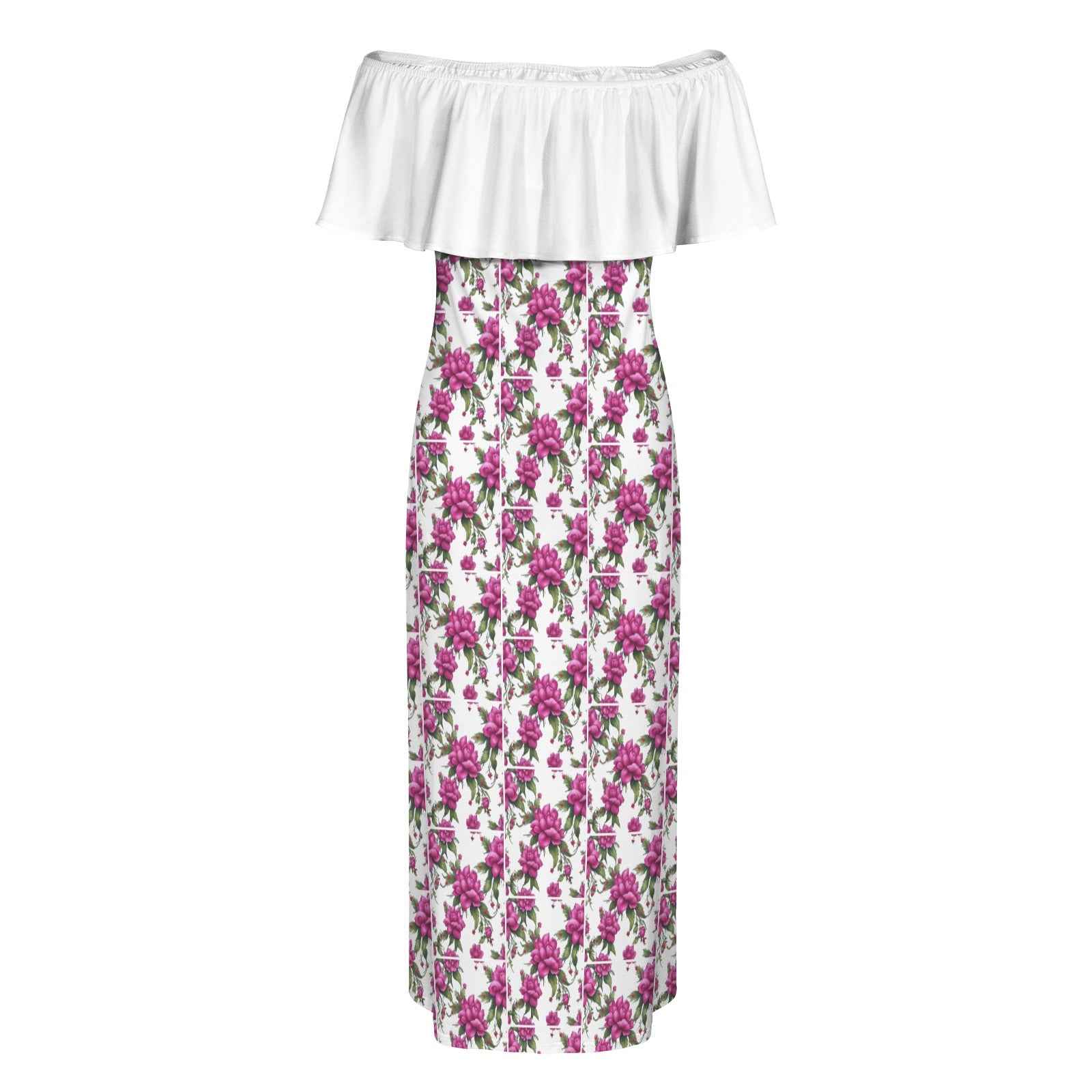 Women's off-shoulder fuchsia floral dress with ruffled boat neckline and lightweight fabric — rear view