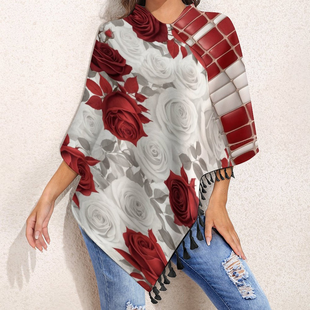 Rich and Rich Women's Red and White Geometric Floral Tassel Cape