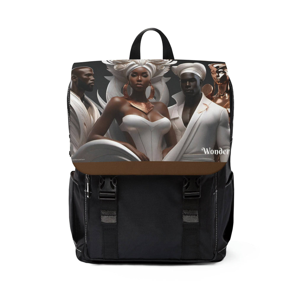 Rich and Rich Unisex African Porcelain Gods Backpack made of black Oxford canvas with front flap and multiple pockets