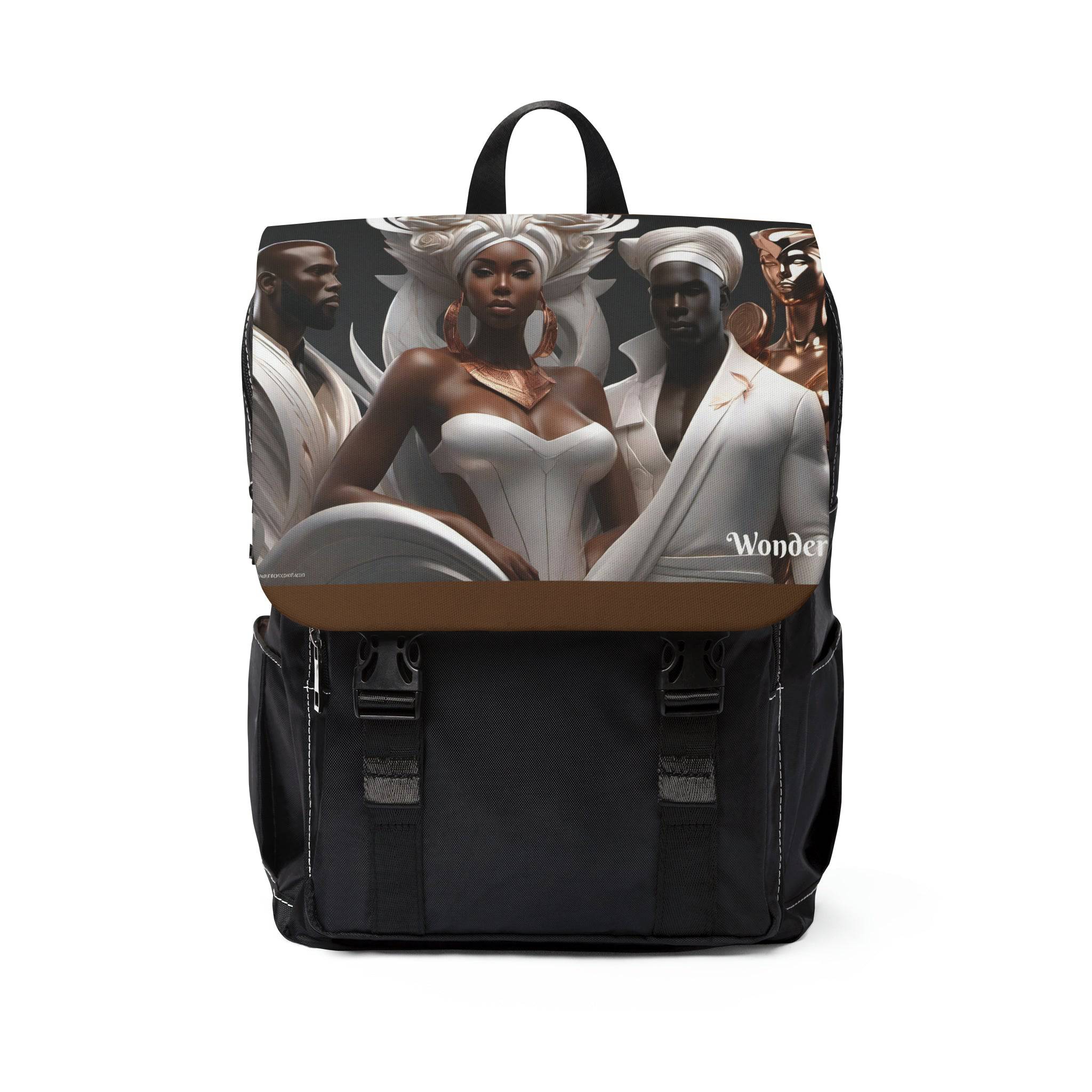 Rich and Rich Unisex African Porcelain Gods Backpack made of black Oxford canvas with front flap and multiple pockets