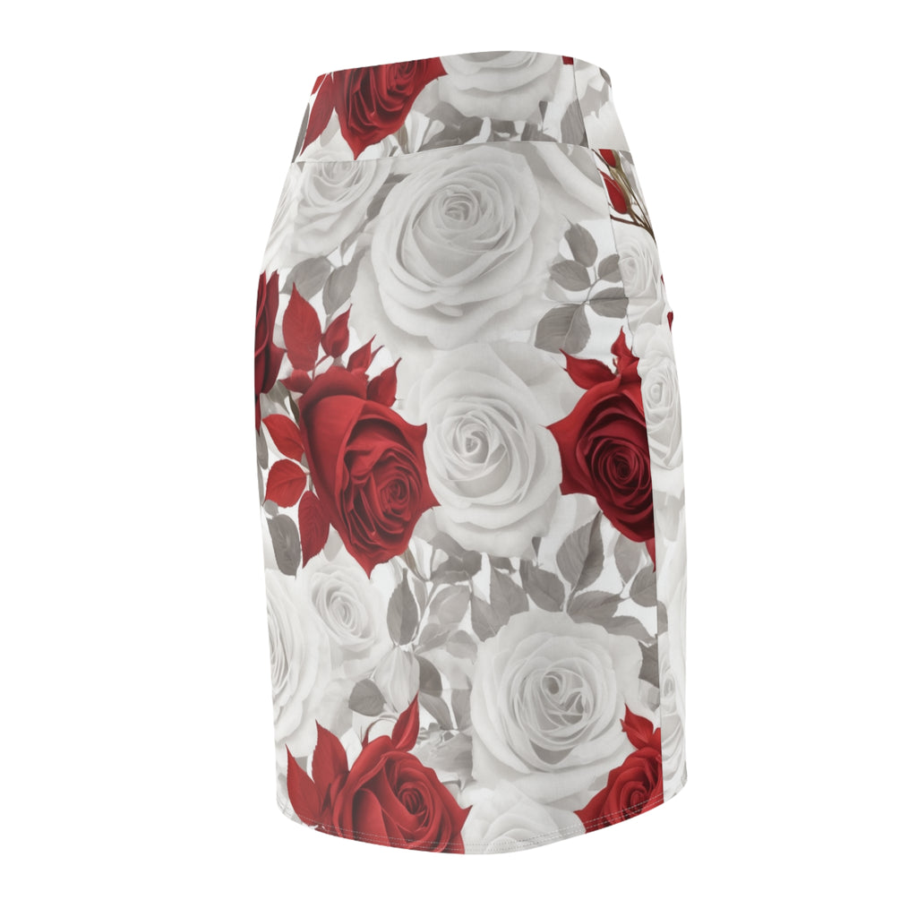 Elegant women's floral pencil skirt with vibrant rose print, styled for office and date night wear