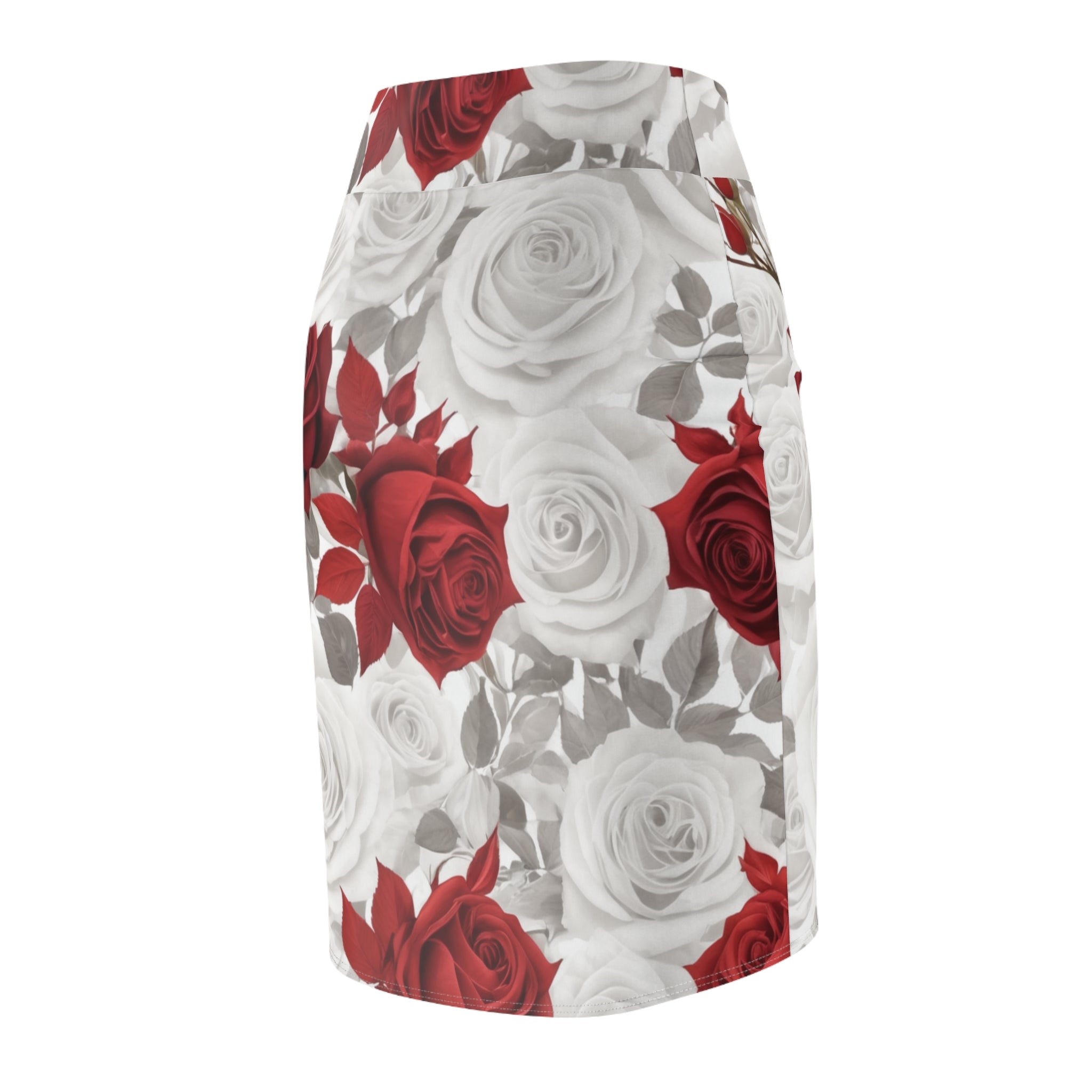 Elegant women's floral pencil skirt with vibrant rose print, styled for office and date night wear