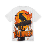 Unisex tee with crow silhouette and orange moon all-over print, crew neck and regular fit for Halloween — side view