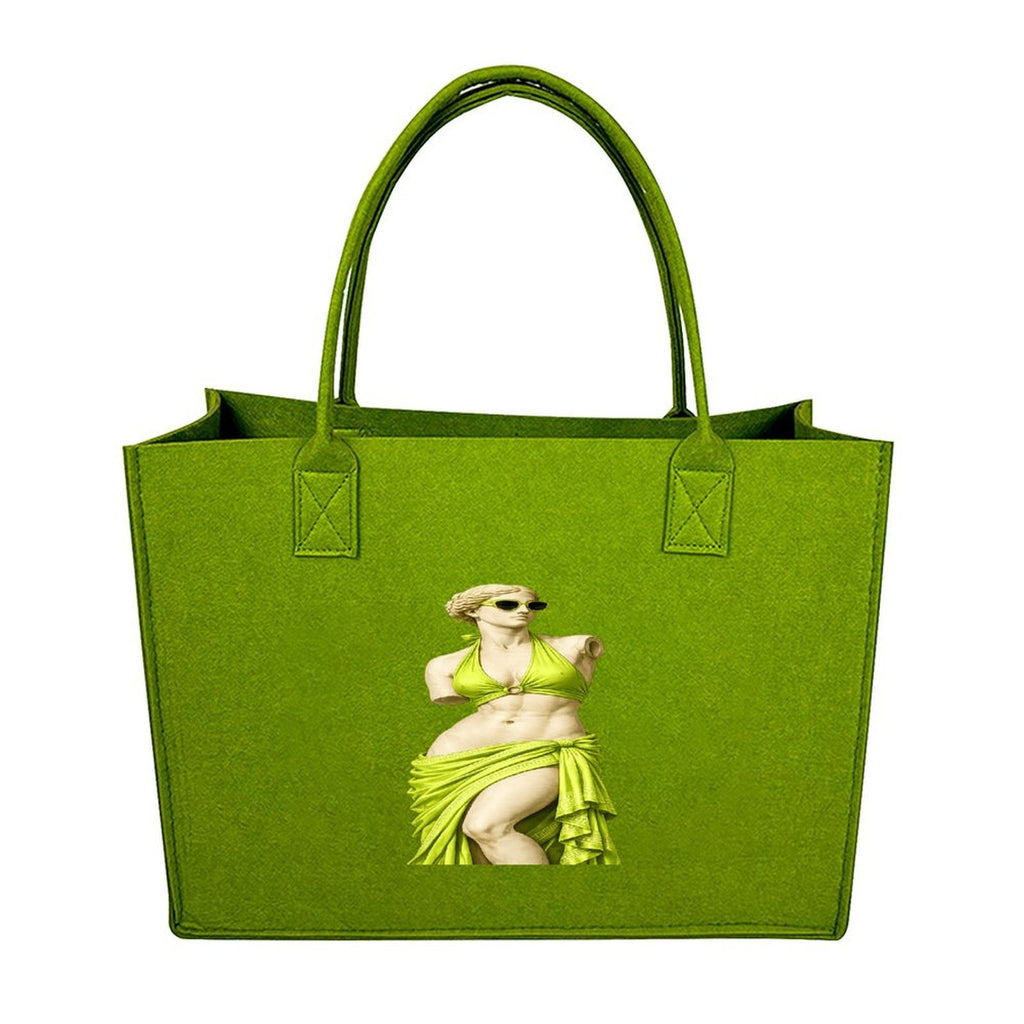 Front view of light green felt tote bag with X-stitched handles and statue art