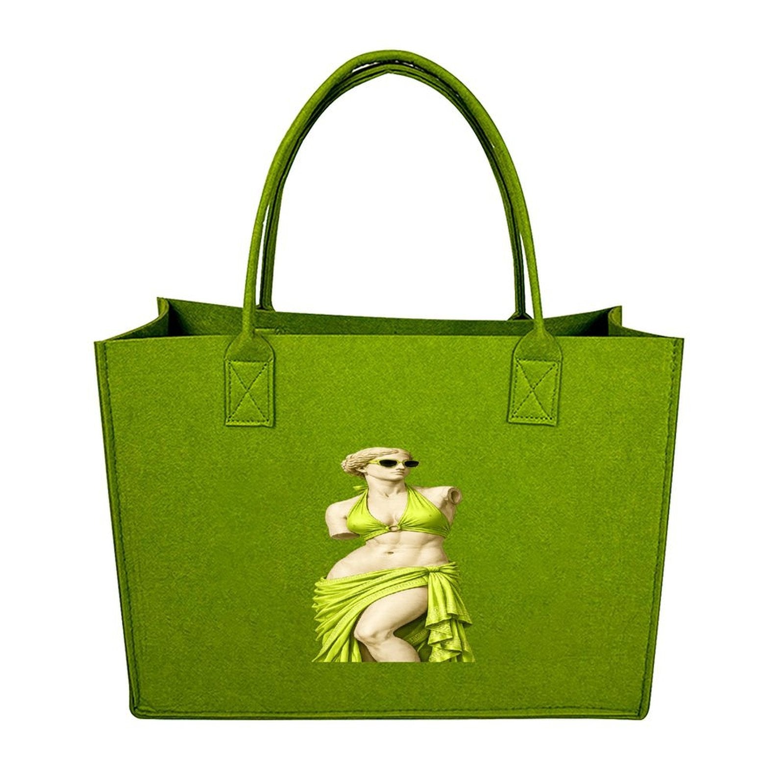 Front view of light green felt tote bag with X-stitched handles and statue art