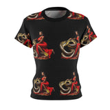 Black women's T-shirt with all-over snake and red dress graphic print — rear view