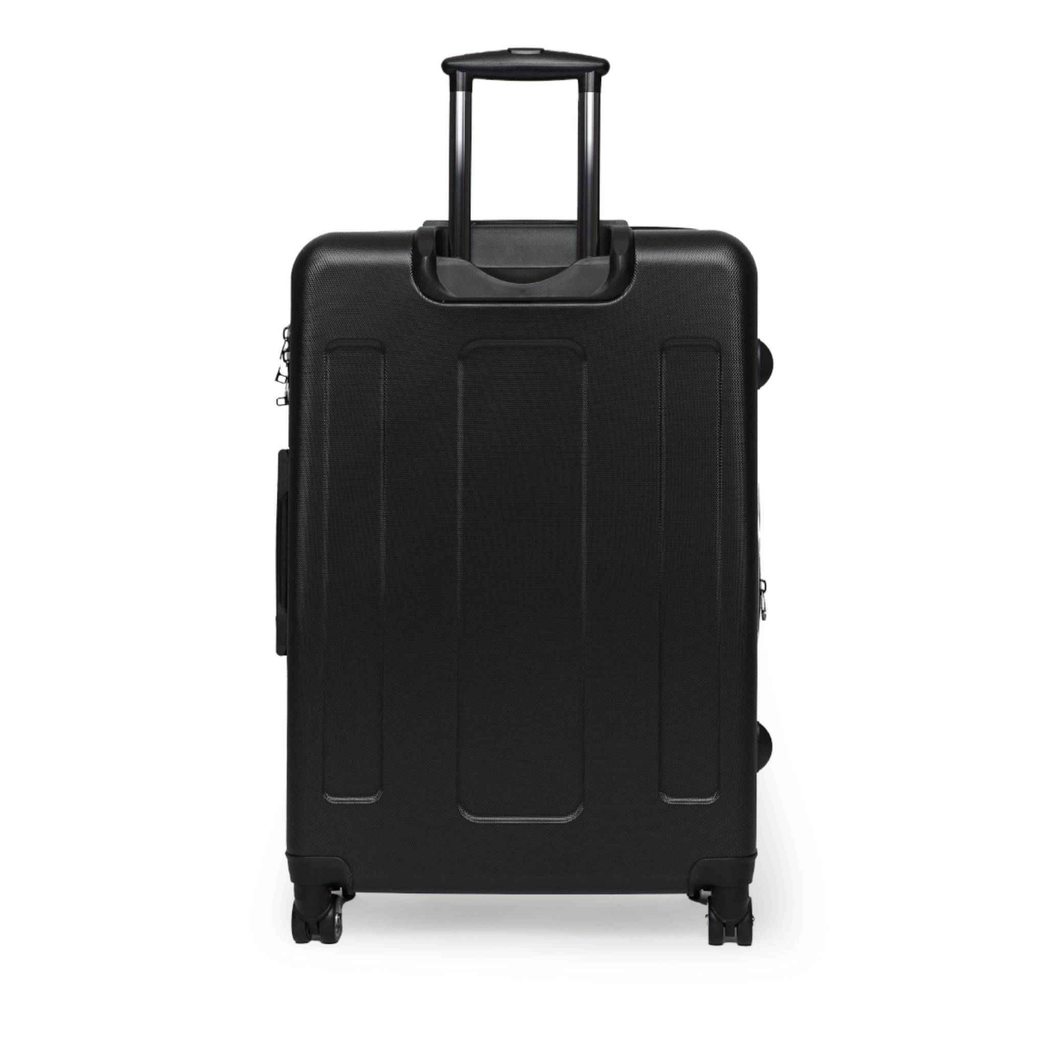 Hard-shell checked suitcase with blue caricature jazz print, telescopic handle, and four double 360° wheels — rear view