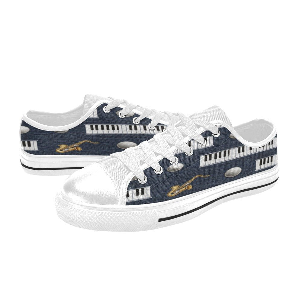 Men’s navy blue canvas low-top sneakers with piano and saxophone design and coordinated stitching — side view