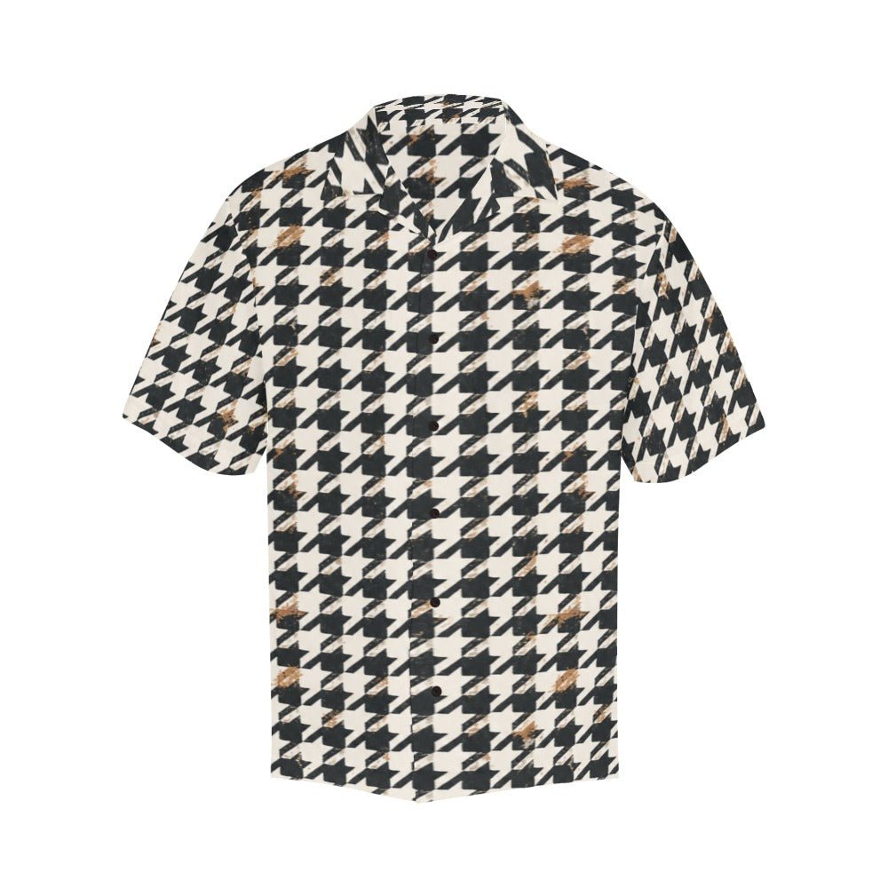 Brown multicolor houndstooth men's short-sleeve designer shirt with notch lapel and boxy fit — rear view