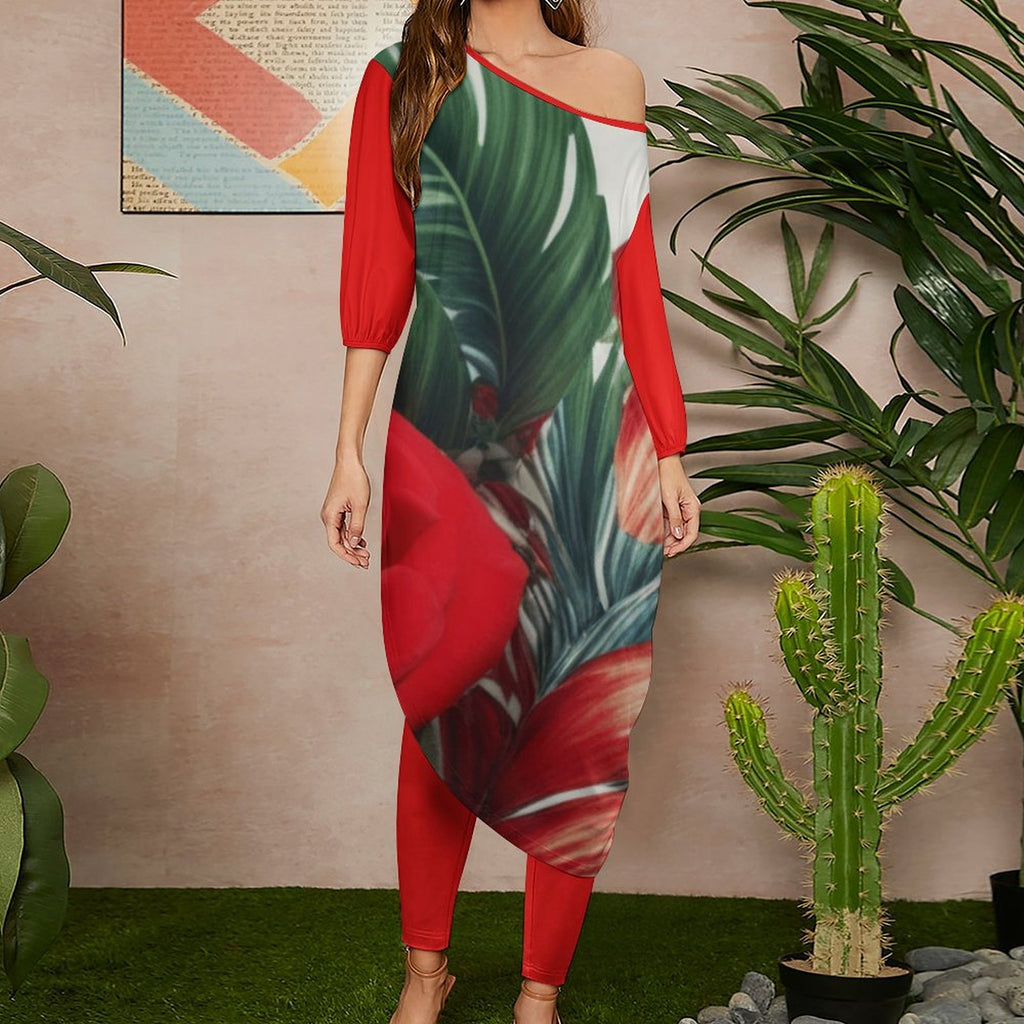 Women's off shoulder two-piece set featuring a diagonal shoulder top and matching trousers in soft fabric