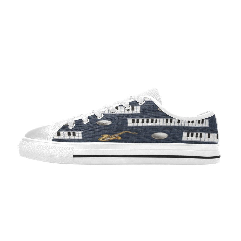 Men’s navy blue canvas low-top sneakers with piano and saxophone design and coordinated stitching