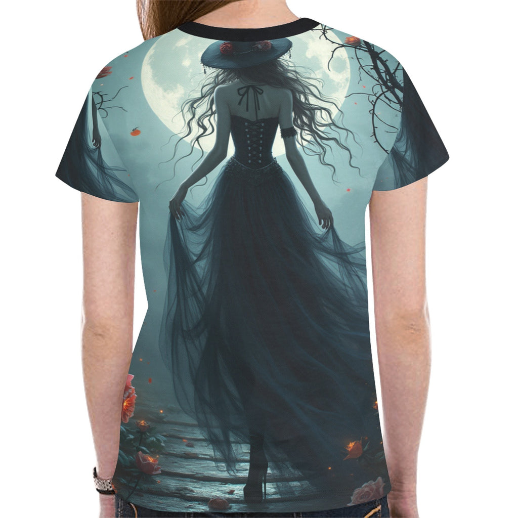 Rich and Rich Halloween Women's Graphic All-Over Print T-Shirt in black with festive Halloween design