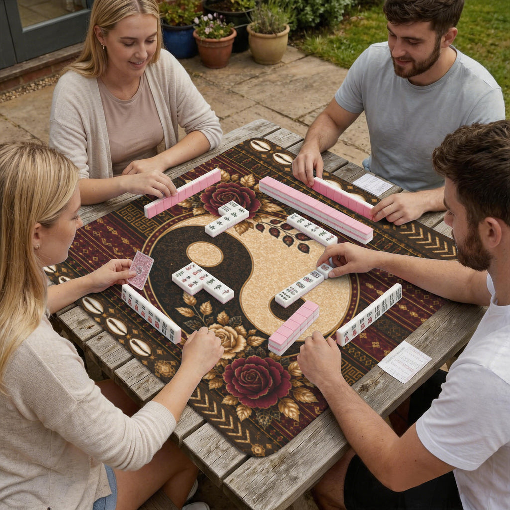 Rich and Rich Harmony Heritage Mahjong Table Mat 33x33 Inch – Stitched Edge, Non-Slip Rubber Backing, 2mm Game Mat with Storage Bag - Rich and Rich Homeopportunities