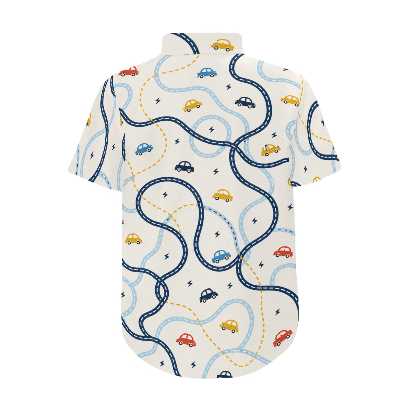 Beige boys' short-sleeve shirt with cars design and self-fabric cuff detail — additional view 8