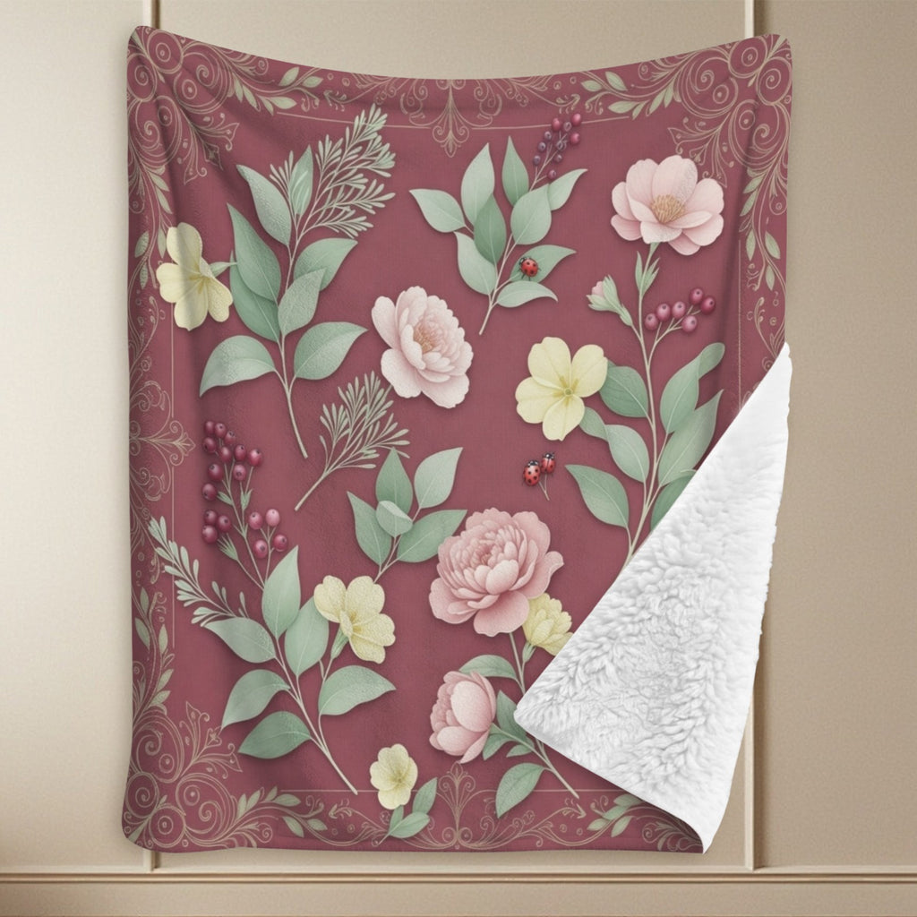 Rich and Rich Burgundy Botanical Sherpa Fleece Blanket Sherpa Fleece Blanket 90"x108" - Rich and Rich Homeopportunities