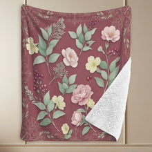 Load image into Gallery viewer, Rich and Rich Burgundy Botanical Sherpa Fleece Blanket Sherpa Fleece Blanket 90"x108"
