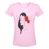 Light pink women's deep V t-shirt with 'Woman Rose' design and slim fit — alternate view