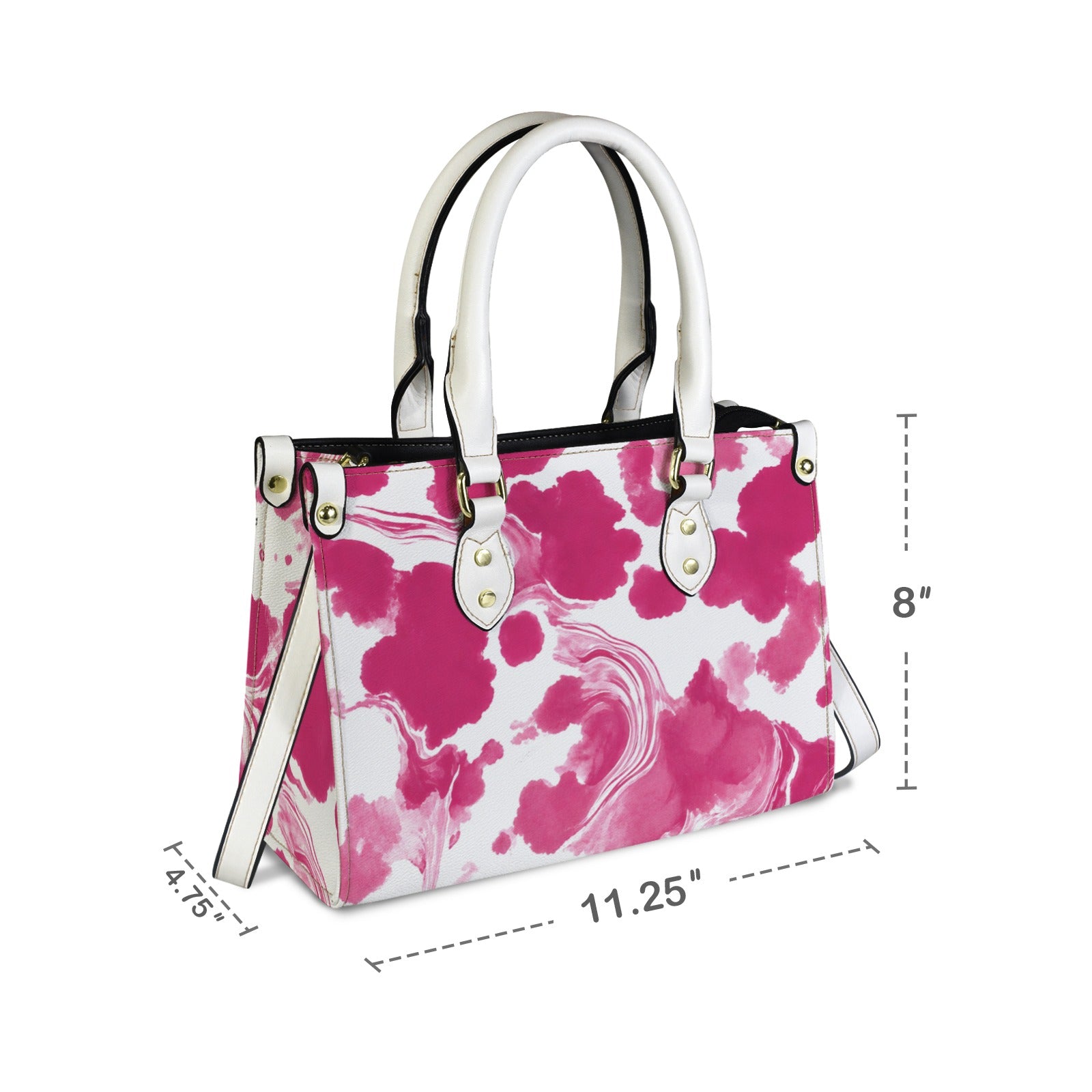 Structured pink and white abstract print handbag with top handle and adjustable shoulder strap — additional view 8