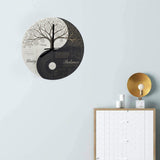 Wooden wall clock with Tree of Life and yin-yang inspired artwork, frameless, 11.6 inches — side view