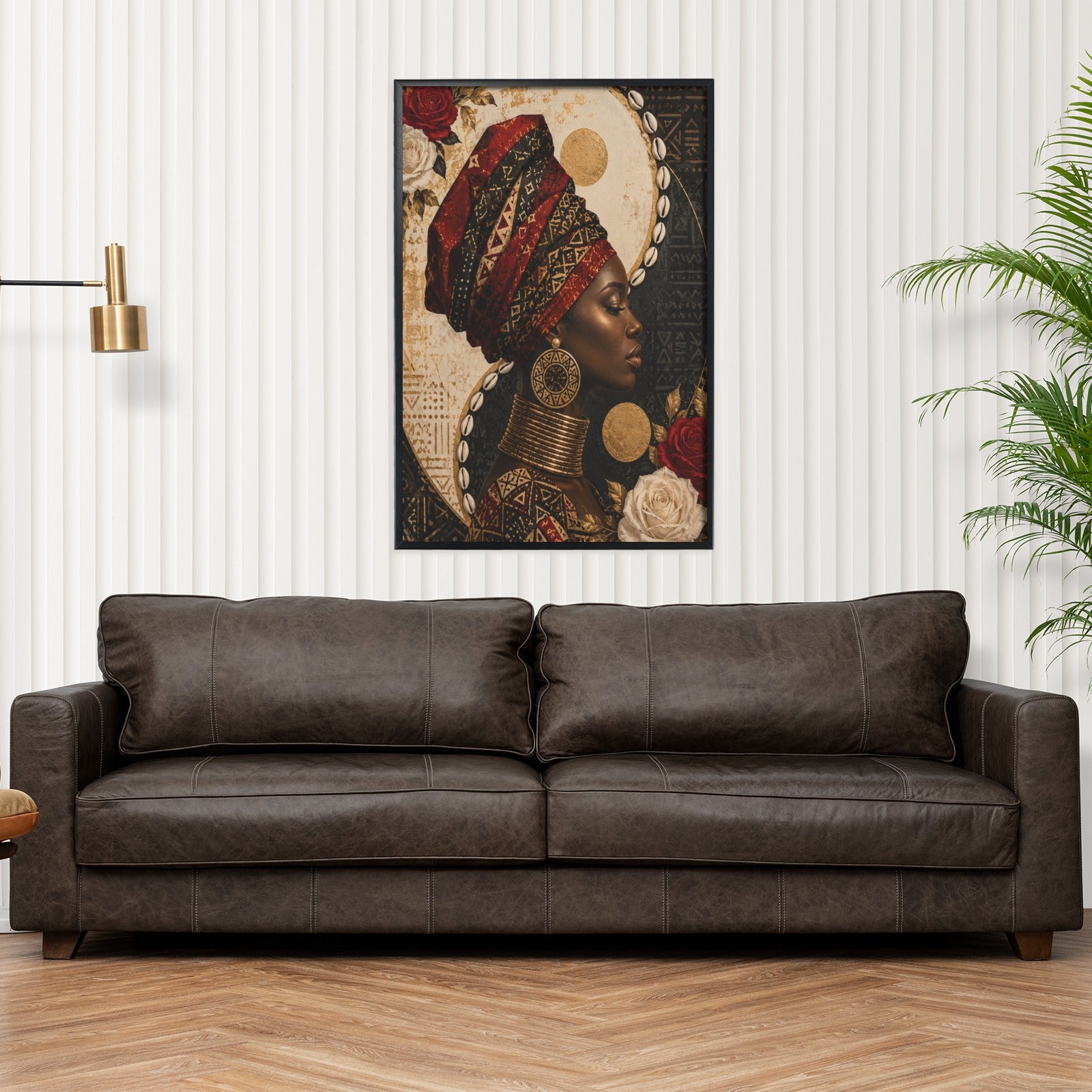 Portrait of a woman black framed canvas print hanging above sofa in bedroom