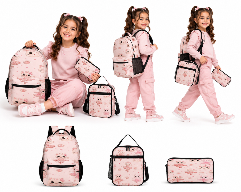 Rich and Rich Sport Utility Girls Ballerina Cats Pink Three Piece Combination Backpack Set