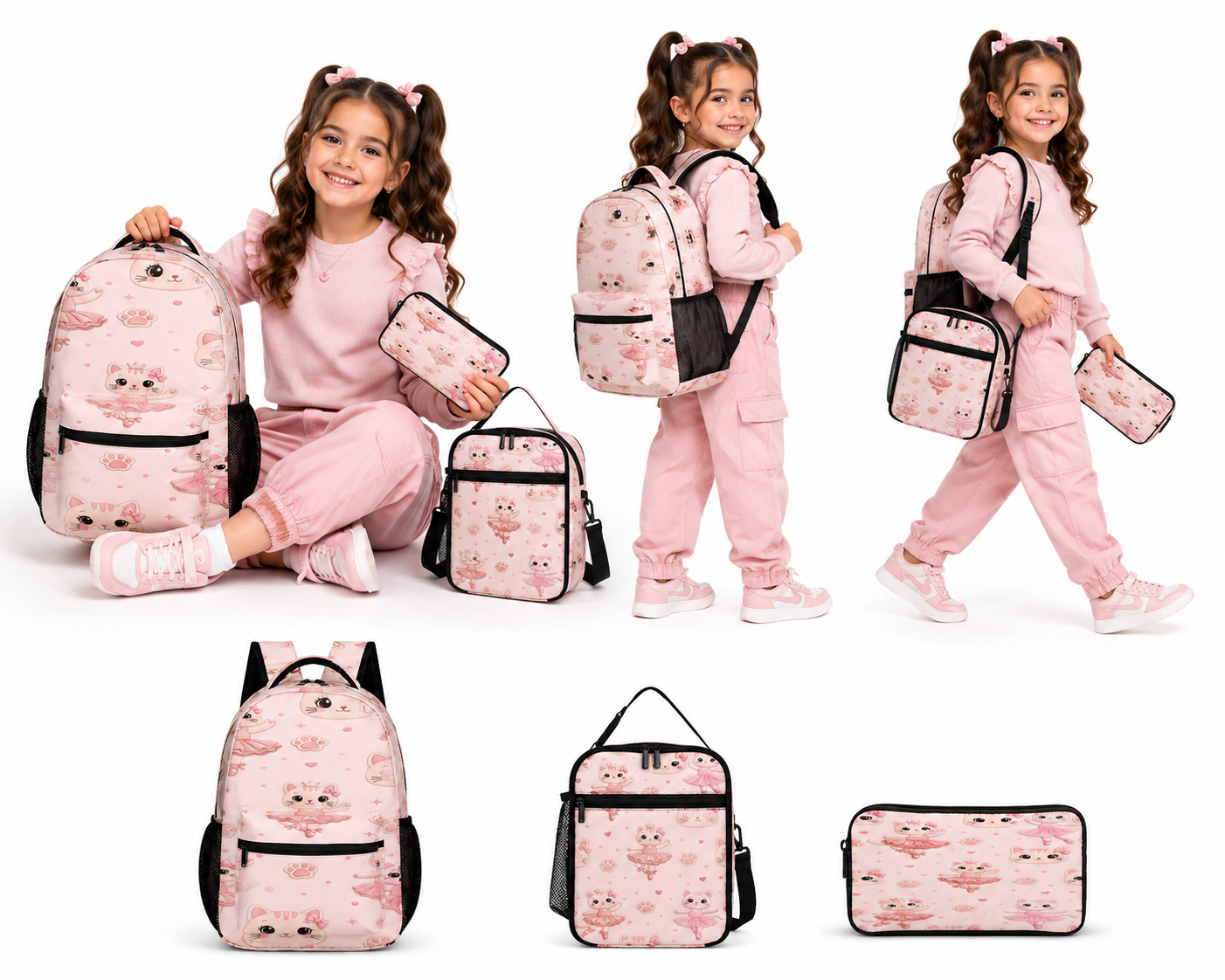 Rich and Rich Sport Utility Girls Ballerina Cats Pink Three Piece Combination Backpack Set
