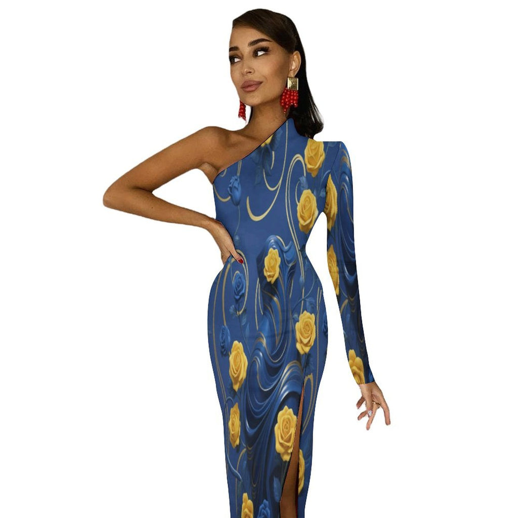 Rich and Rich Women's Yellow and Blue Roses One-Shoulder Maxi Dress with Side Slit
