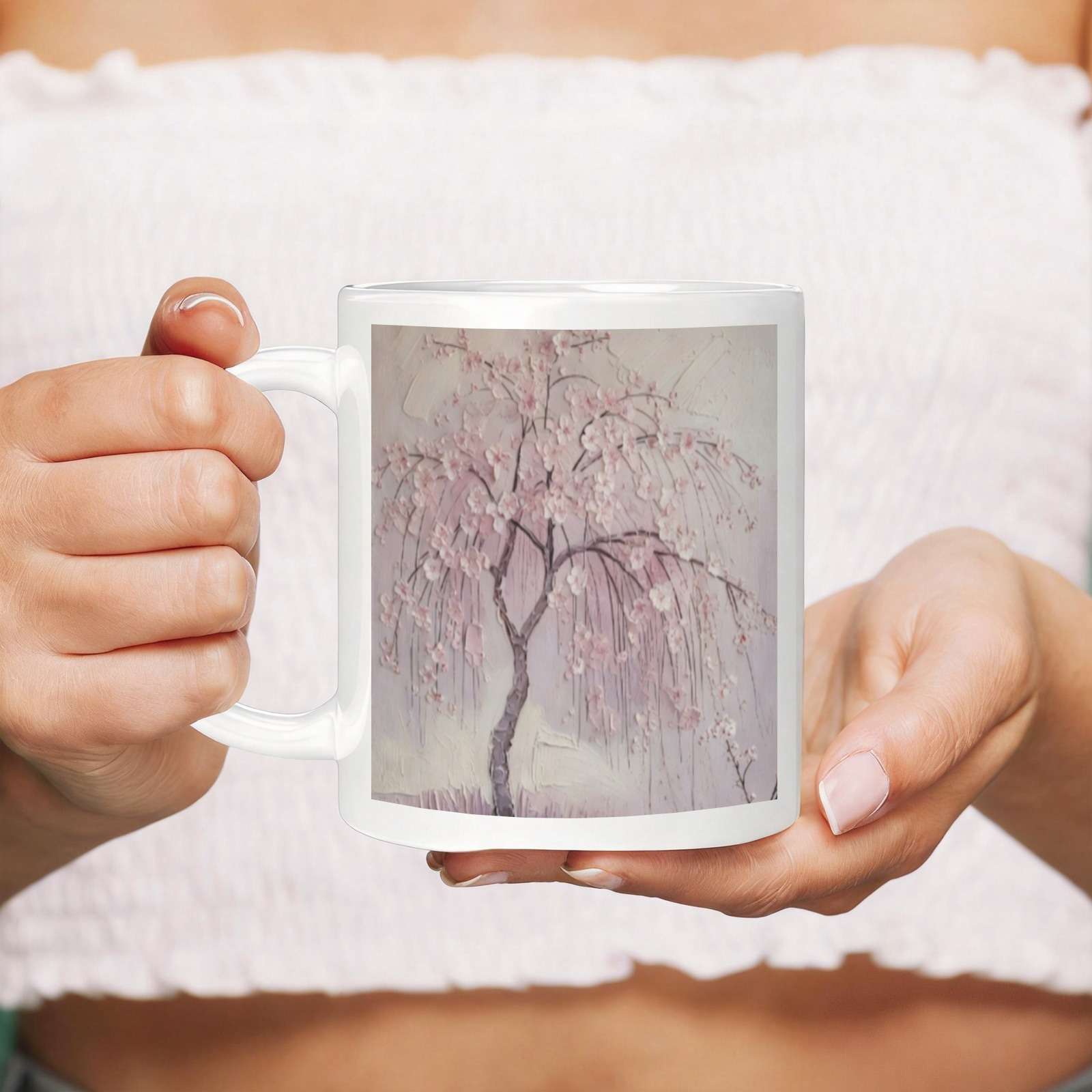 White 11 oz ceramic mug decorated with cherry blossom tree artwork and a crystal sticker decorative finis — additional view 6