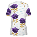 Women's cotton t-shirt with all-over Lavender Rose floral print and round neckline — rear view