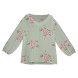 Pink and mint green floral chiffon blouse with V-neck and long puff sleeves — rear view