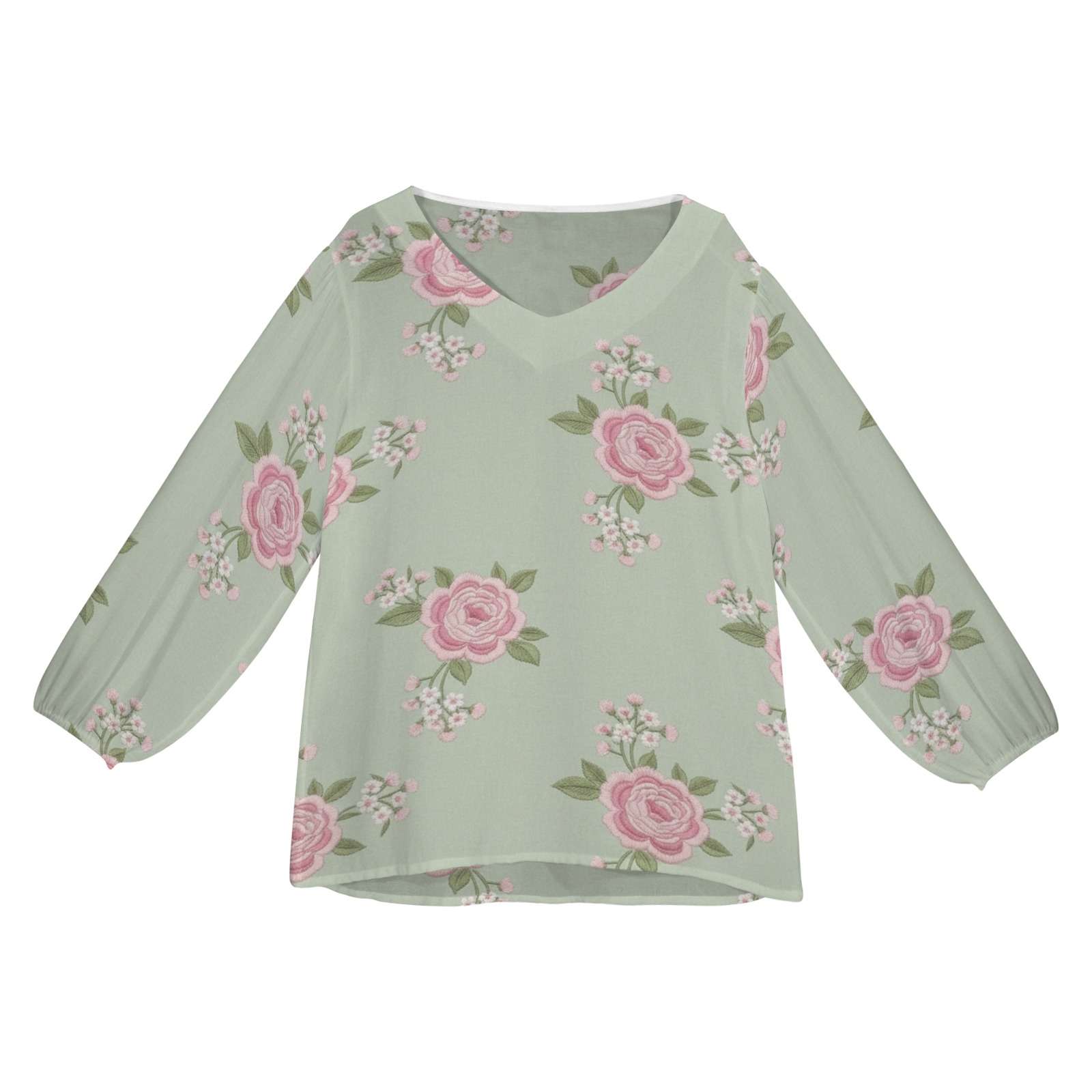 Pink and mint green floral chiffon blouse with V-neck and long puff sleeves — rear view