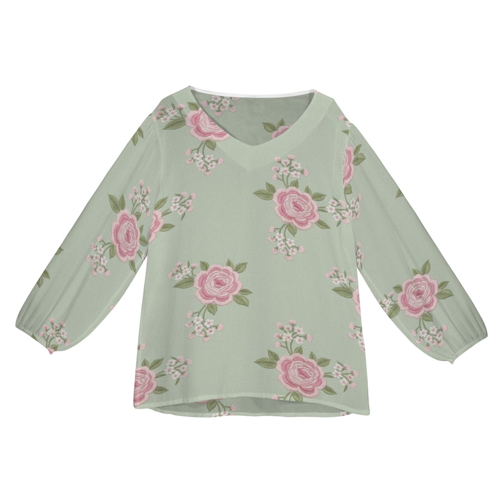 Rich and Rich Pink and Mint Green Floral Puff Sleeve Women's Blouse on white background