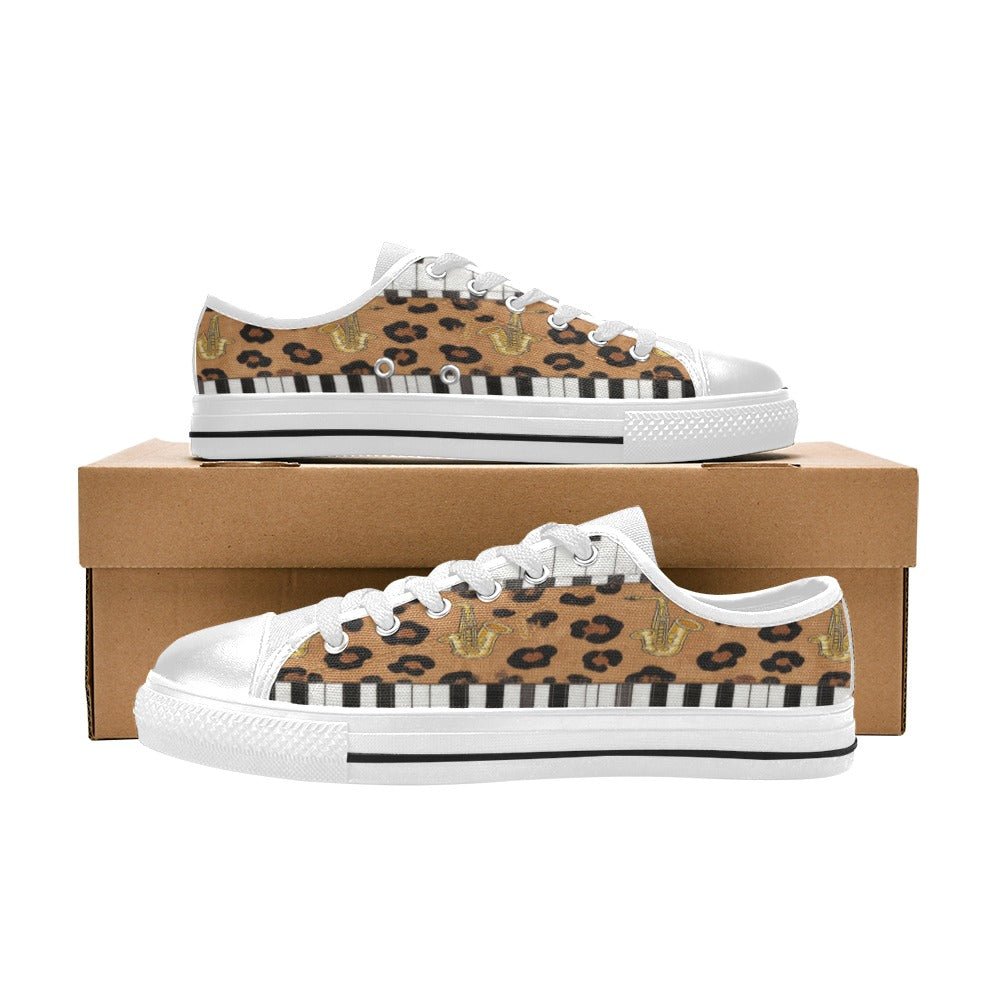 Men’s brown animal-print low-top sneakers with piano and saxophone artwork and streetwear styling — additional view 7
