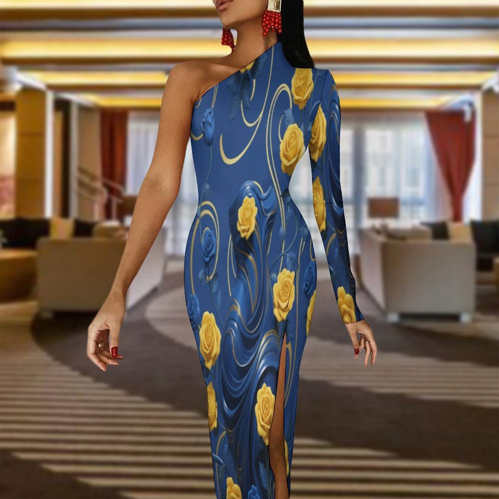 Rich and Rich Women's Yellow and Blue Roses One-Shoulder Maxi Dress with Side Slit