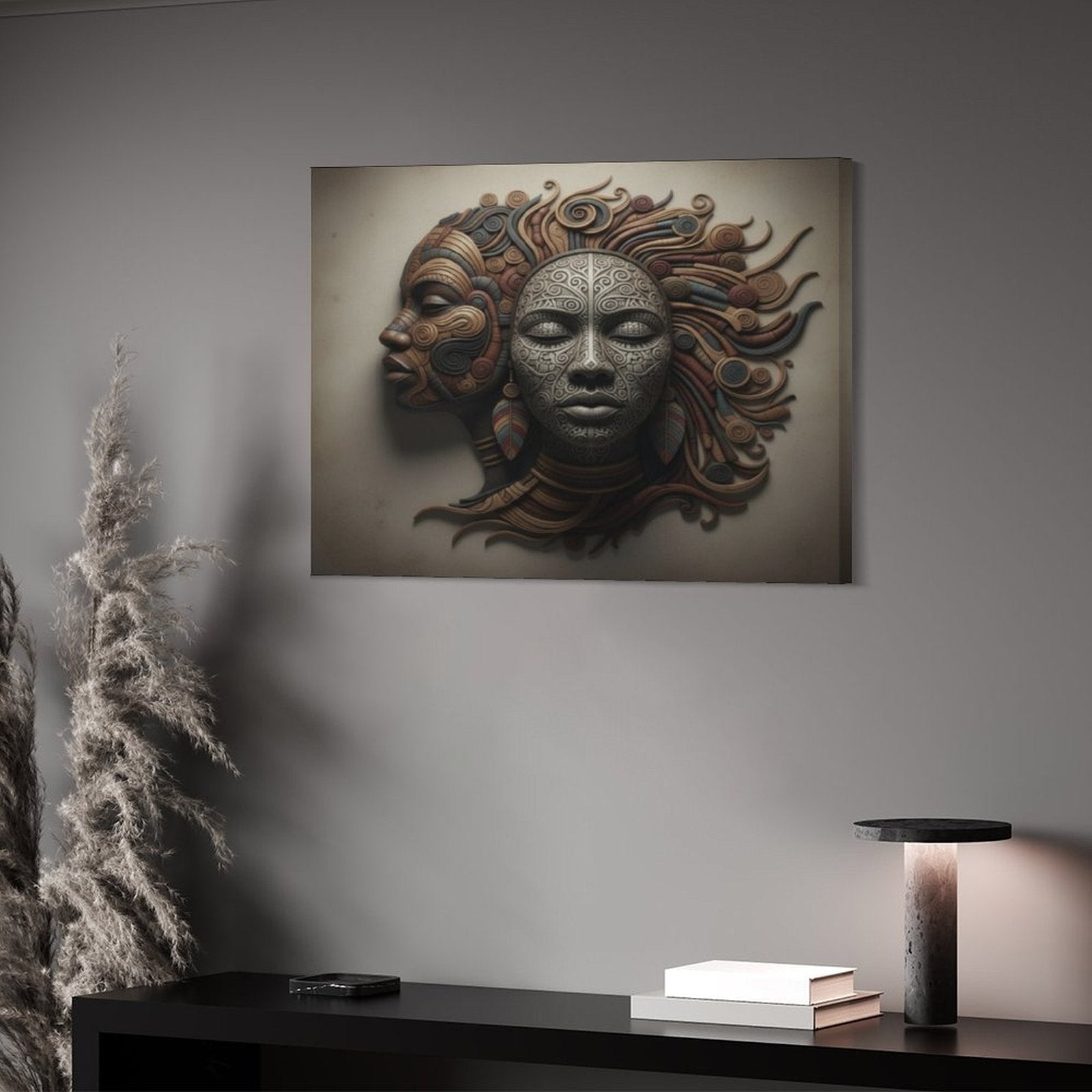 Rich and Rich Faces 16x20 framed canvas print featuring earthy tones and abstract face artwork