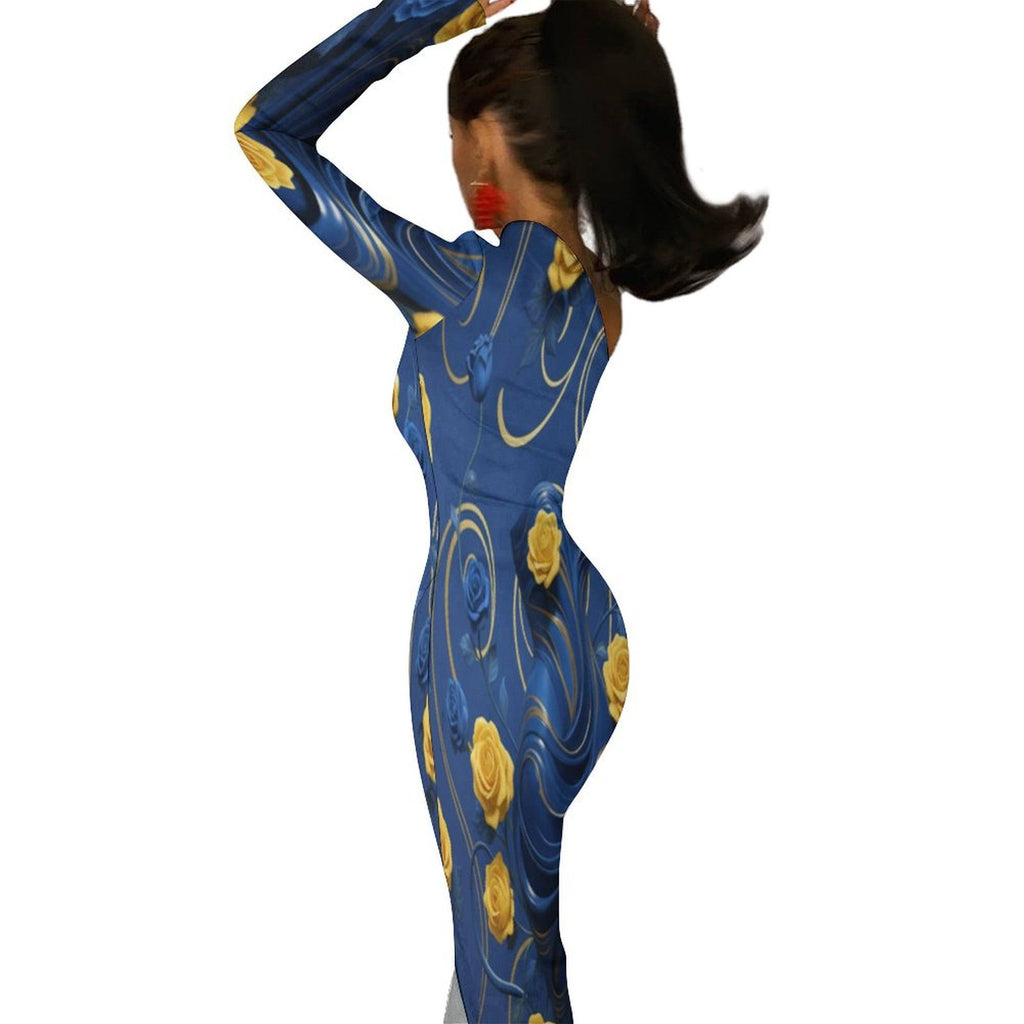 Rich and Rich Women's Yellow and Blue Roses One-Shoulder Maxi Dress with Side Slit