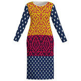 Fuchsia polka dot long sleeve bodycon midi dress with crew neck and slim silhouette — alternate view