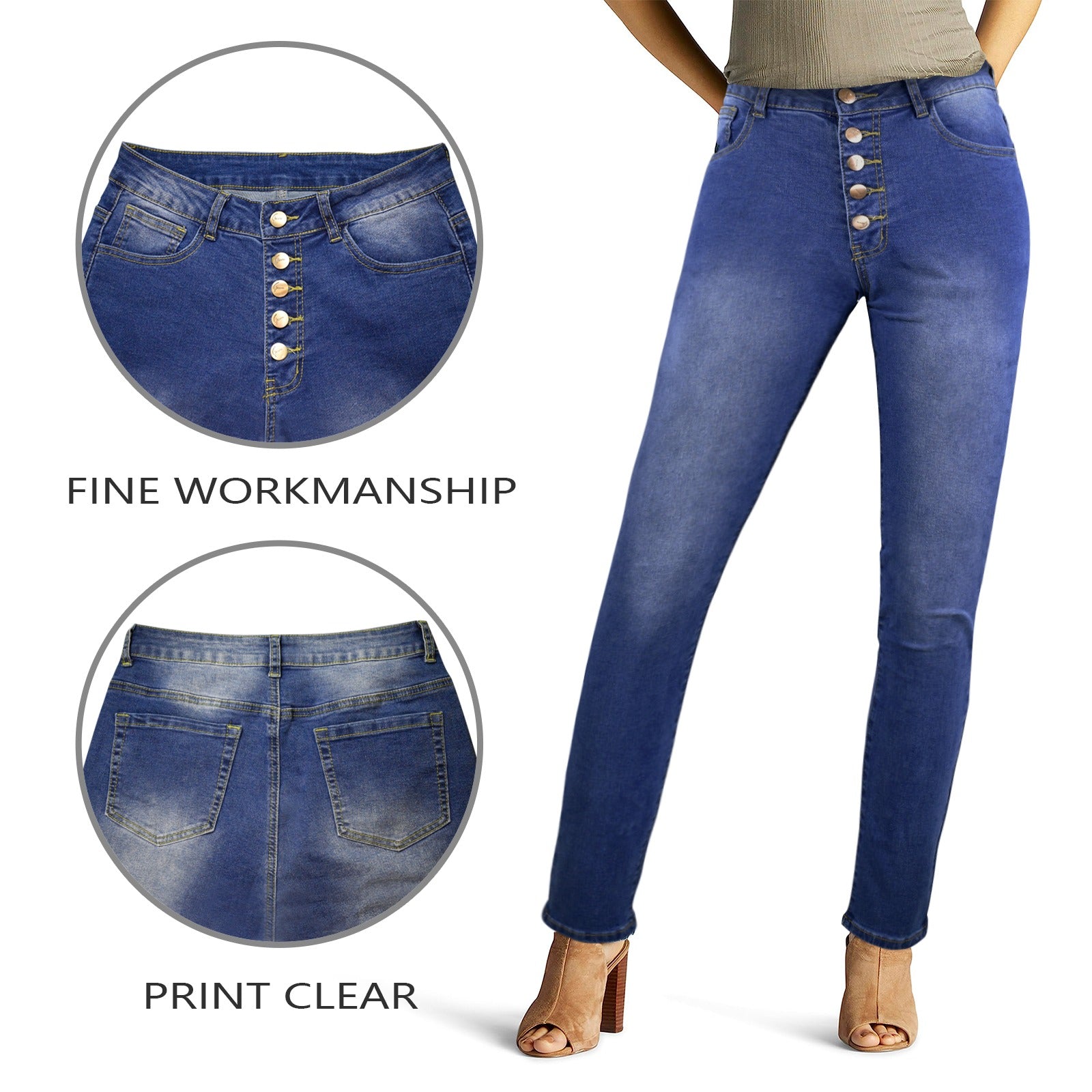 Women's high-waist blue jeans with button-front closure and four pockets — rear view