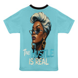 Light blue women's T-shirt with 'The Hustle Is Real' all-over print and relaxed fit — product detail