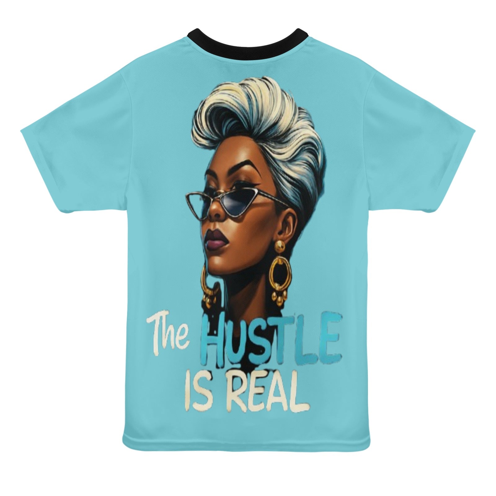 Light blue women's T-shirt with 'The Hustle Is Real' all-over print and relaxed fit — product detail