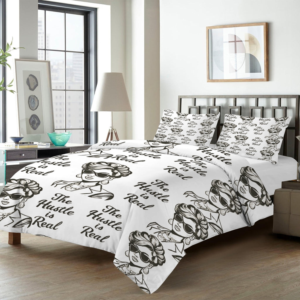 Rich and Rich The Hustle Is Real White 4-Piece Bedding Set with quilt cover, fitted sheet, and pillow shams