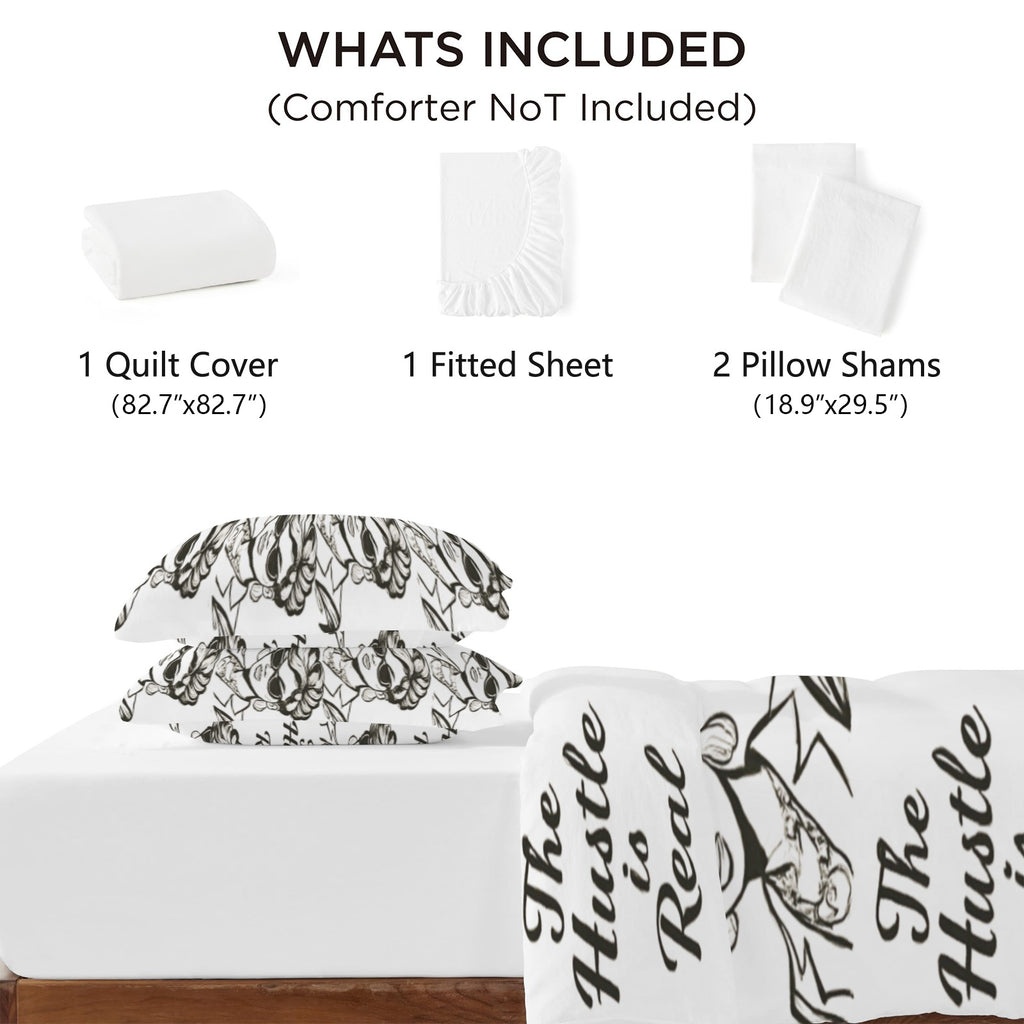 Rich and Rich The Hustle Is Real White 4-Piece Bedding Set with quilt cover, fitted sheet, and pillow shams