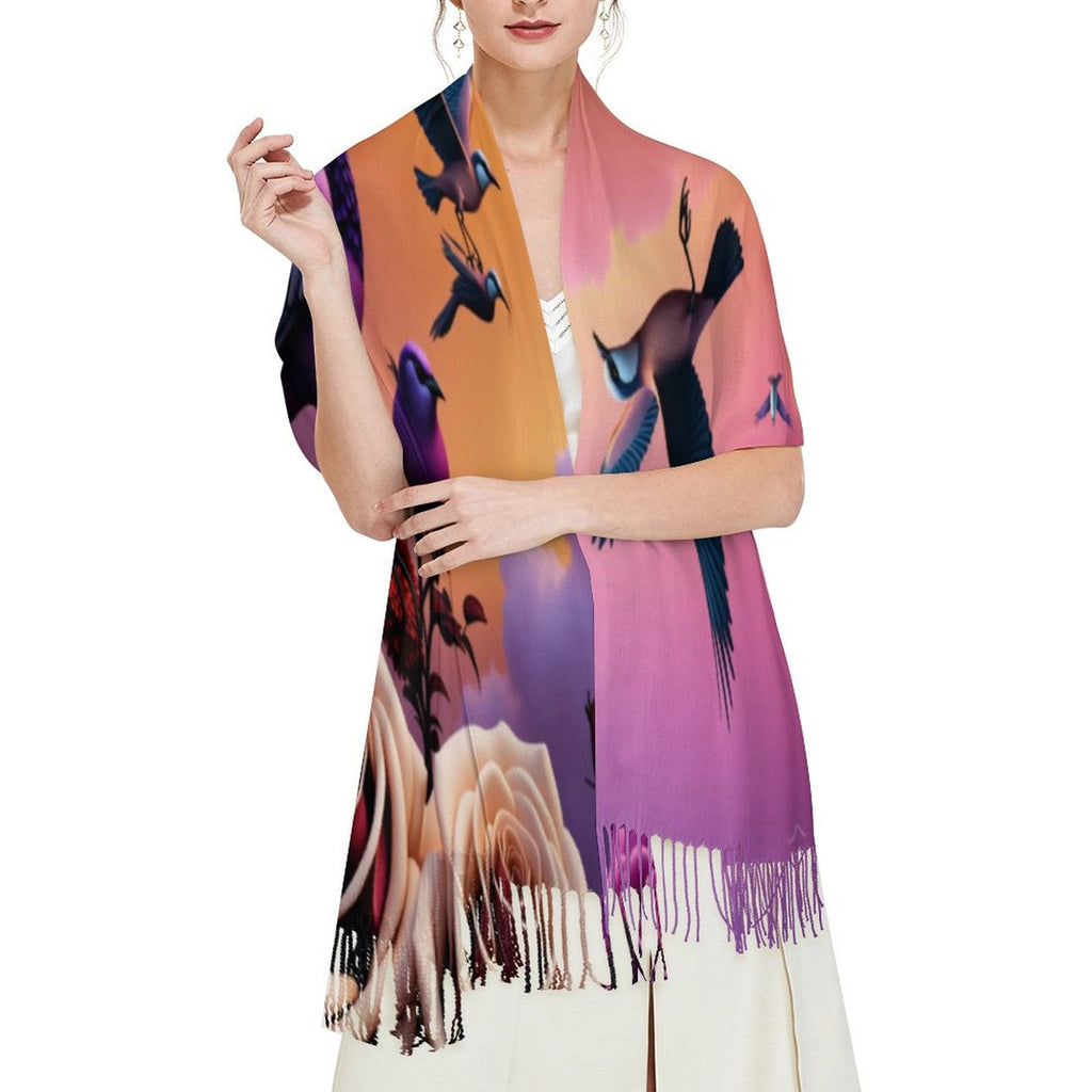 R&RH Birds Tassel Purple Scarf made of soft imitation cashmere with decorative bird tassels