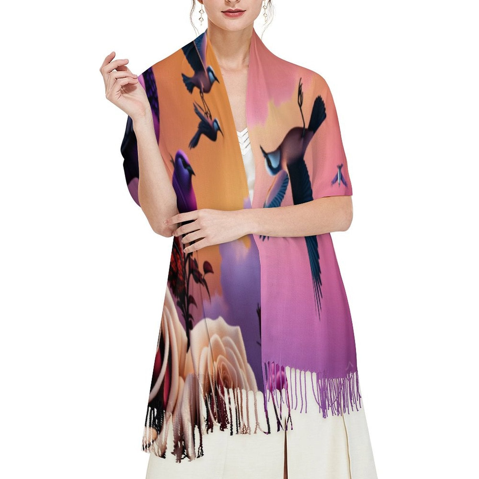 R&RH Birds Tassel Purple Scarf